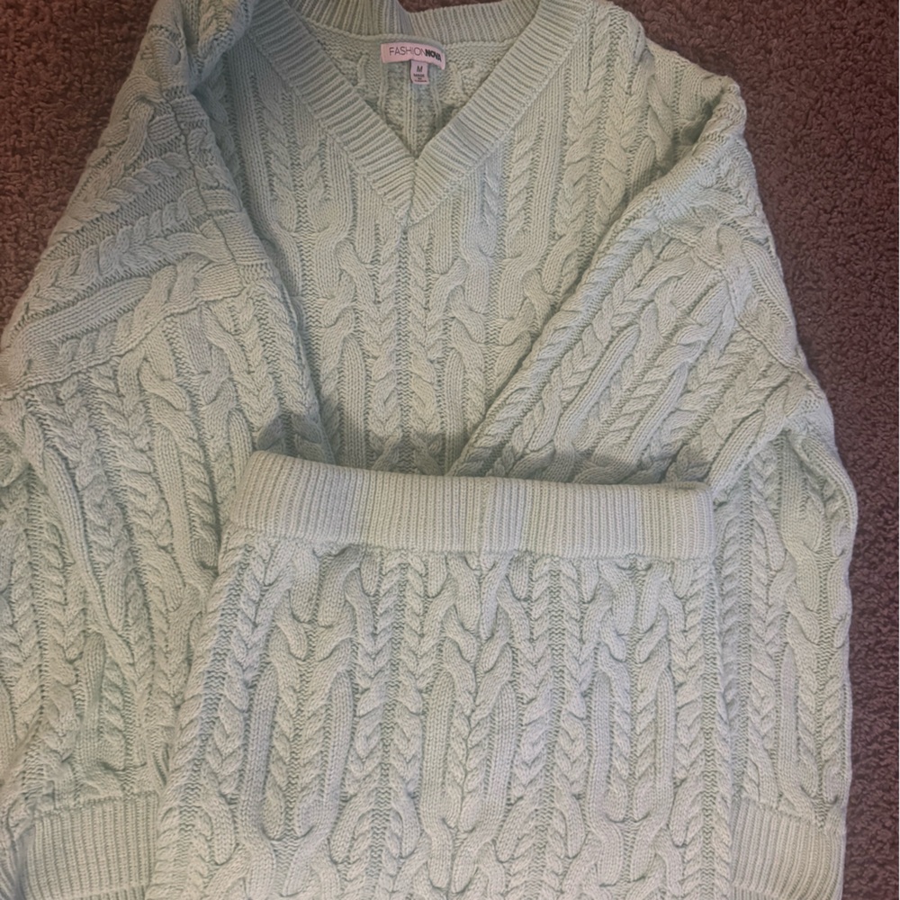 Fashion Nova Mint Green Cable Knit 2 Piece Sweater Set [SOLD]